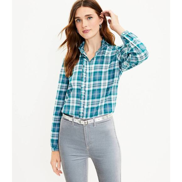 Ann Taylor LOFT Size Medium Plaid Ruffle Button Shirt Top Green 100% Cotton - Picture 1 of 5